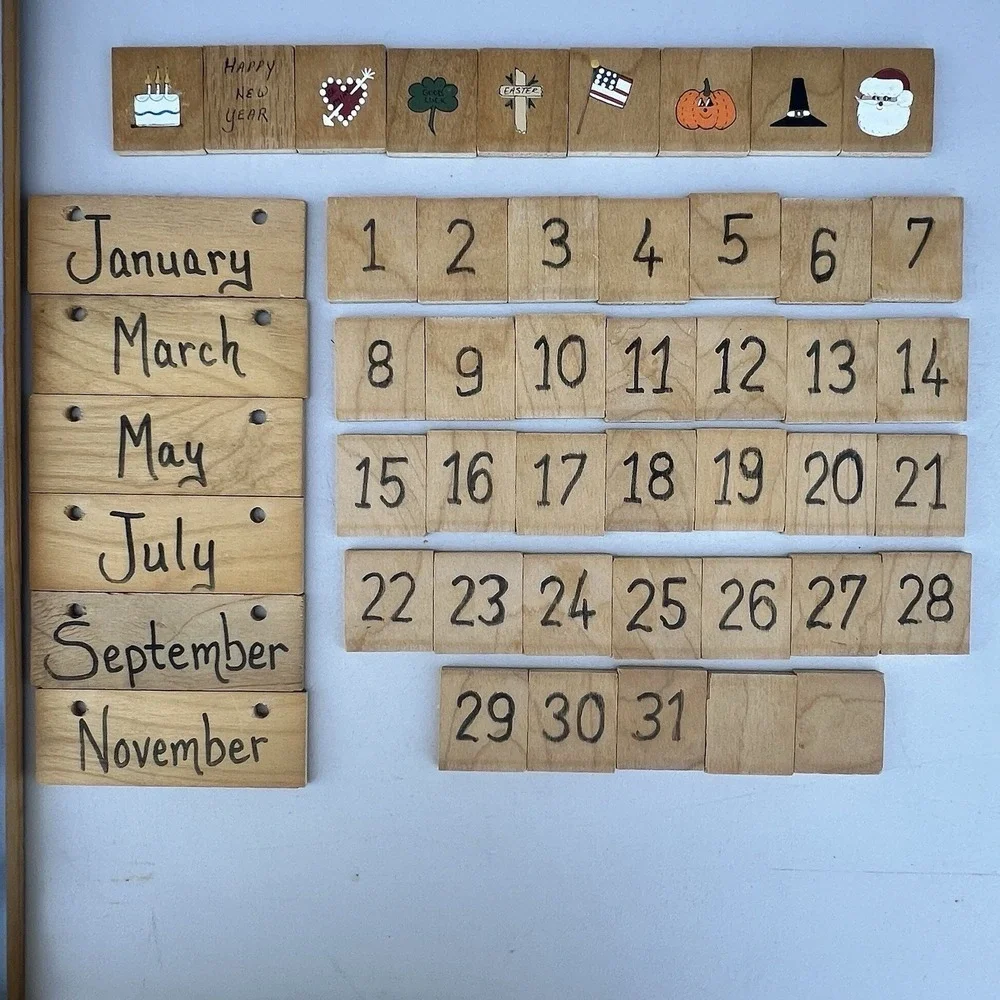 Vtg Wood Perpetual Calendar Bird Cottage Grannycore 80s 90s Farmhouse Tiles