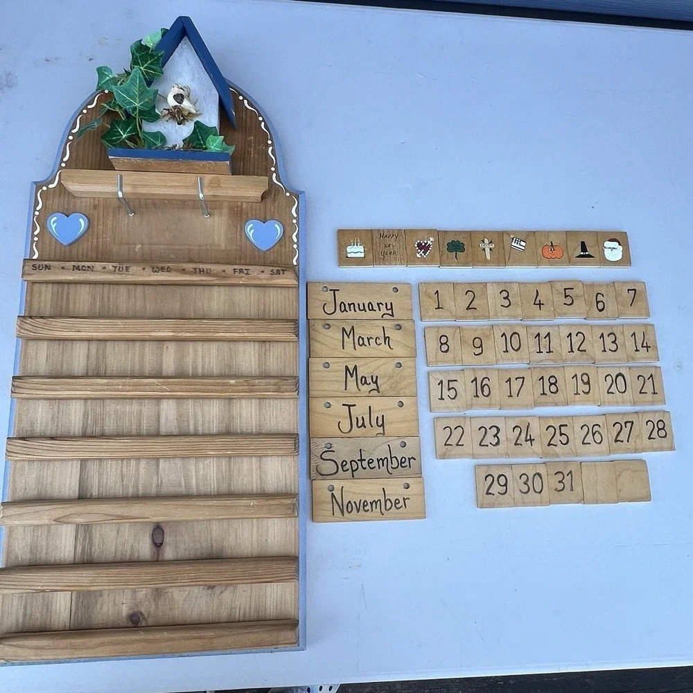Vtg Wood Perpetual Calendar Bird Cottage Grannycore 80s 90s Farmhouse Tiles