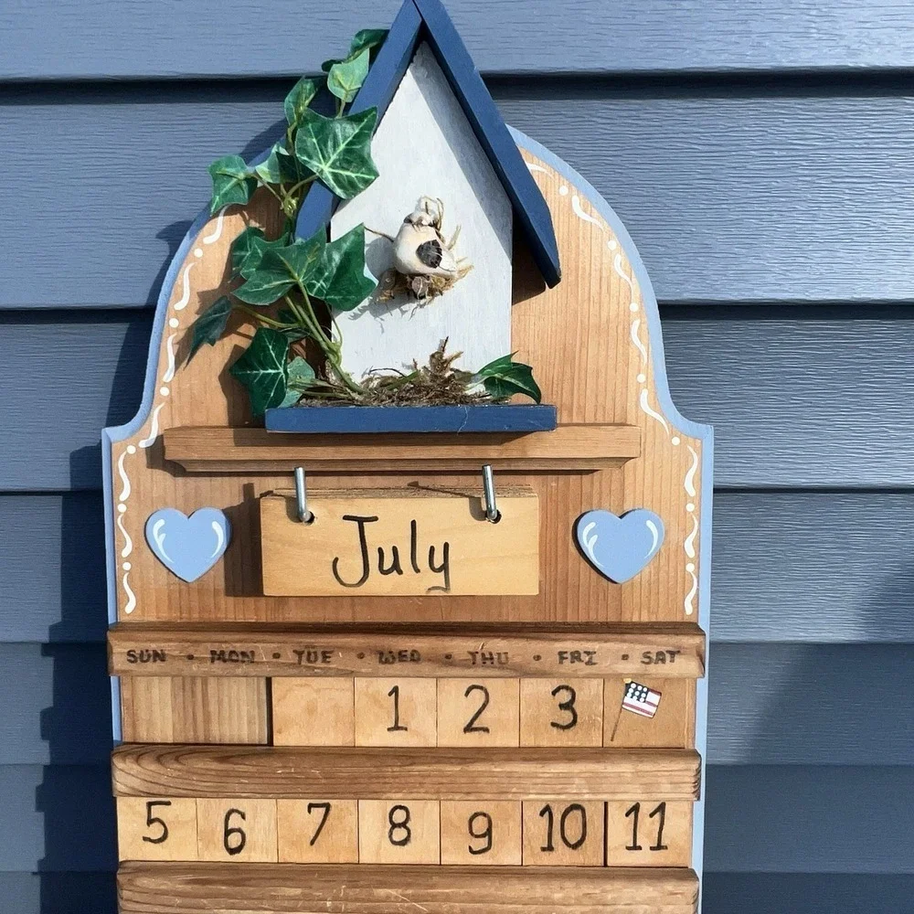 Vtg Wood Perpetual Calendar Bird Cottage Grannycore 80s 90s Farmhouse Tiles
