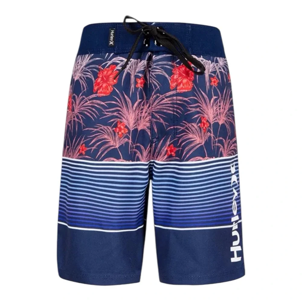 Hurley Boy’s Blue and Red Board Shorts with Tropical Design