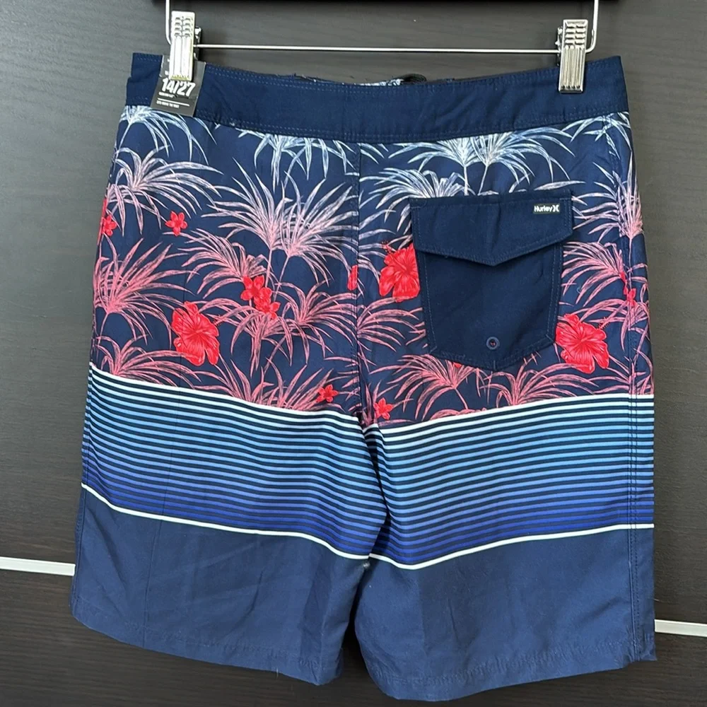 Hurley Boy’s Blue and Red Board Shorts with Tropical Design