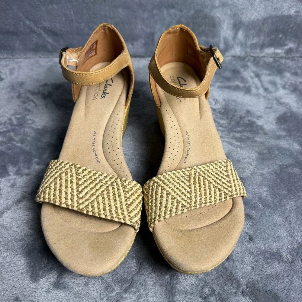 Clarks Womens 6.5 Tan Neutral Beige Straw‎ Woven Platform Wedge Sandals
