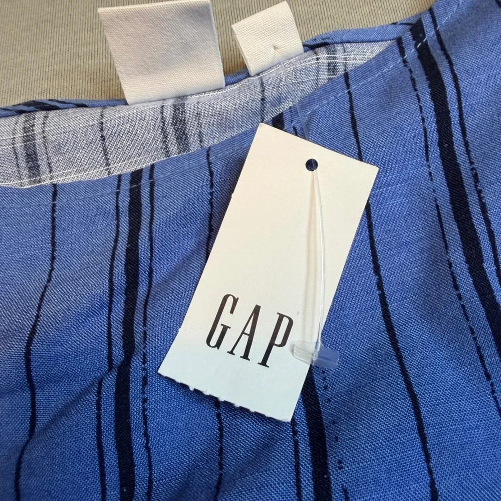 Gap Womens Blue Striped Smocked Waist Rayon Cap‎ Sleeve Casual Dress Large NWT