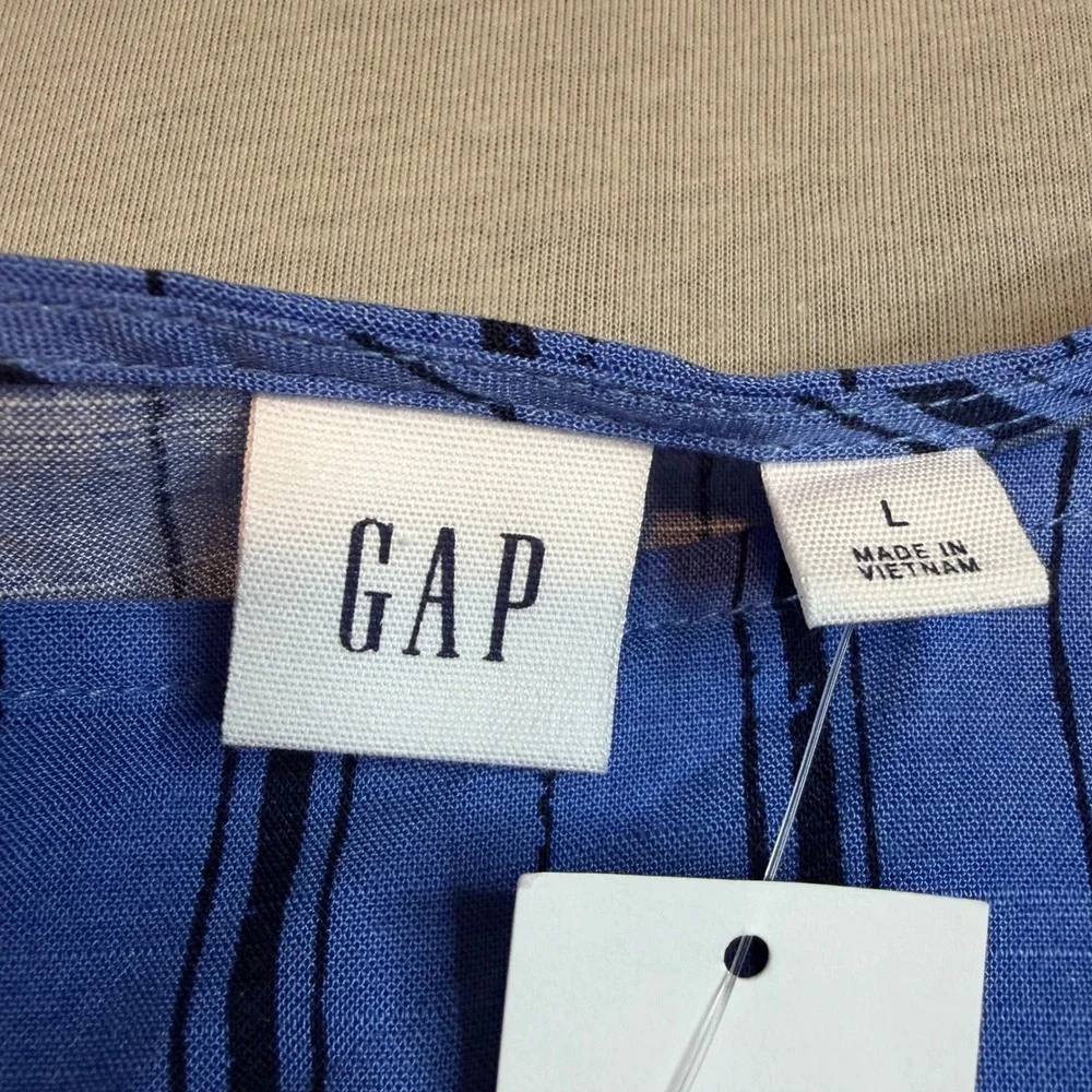Gap Womens Blue Striped Smocked Waist Rayon Cap‎ Sleeve Casual Dress Large NWT