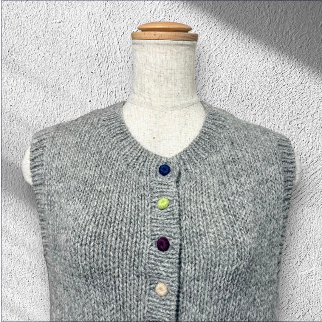 Long Walk Alpaca Blend Vest with Colorful Buttons, Wool Blend, Gray, Hand-Knitted