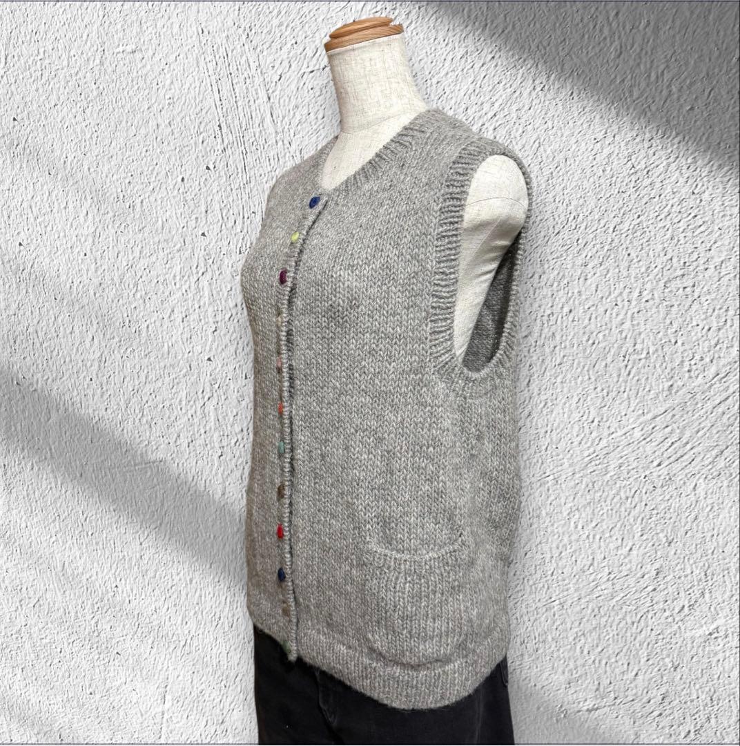 Long Walk Alpaca Blend Vest with Colorful Buttons, Wool Blend, Gray, Hand-Knitted