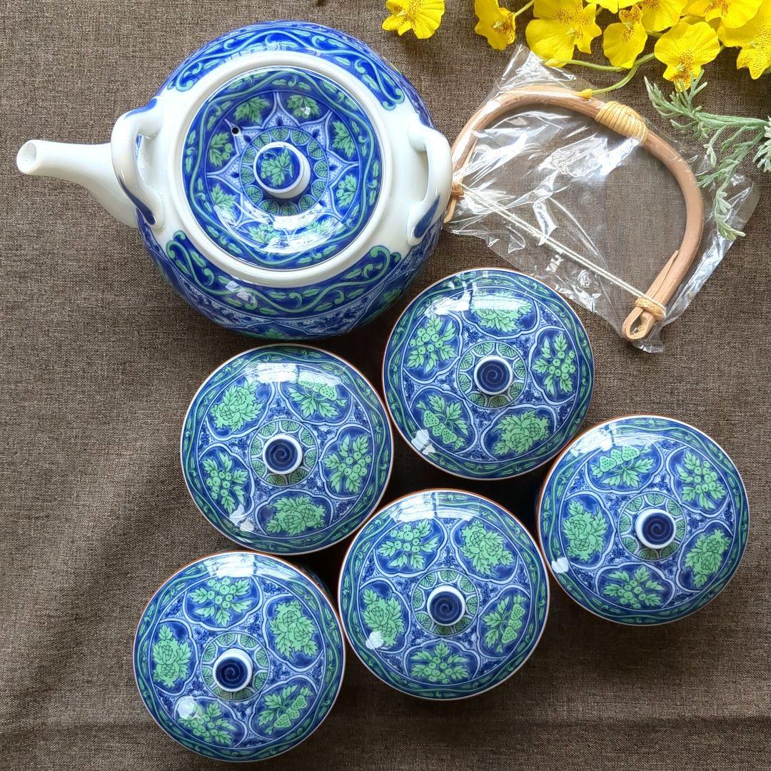 Mino Ware Maehatatouki Kozangama Seikaryokusai Tea Ceremony Set: Teapot & 5 Lidded Teacups
