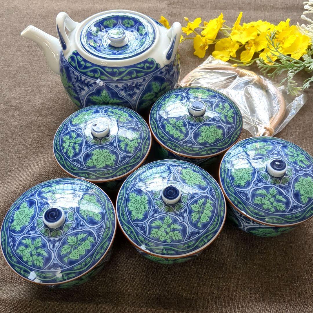 Mino Ware Maehatatouki Kozangama Seikaryokusai Tea Ceremony Set: Teapot & 5 Lidded Teacups