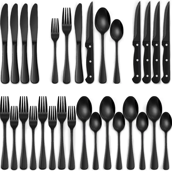 24-Piece Black Silverware Set with Steak Knives, Black Flatware Set for 4
